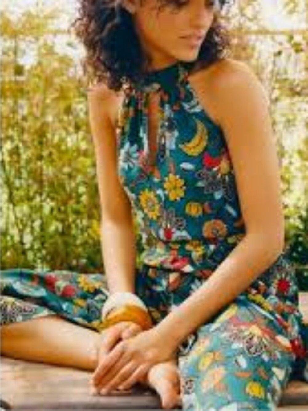 Anthropologie Teal Floral Geneva Halter Wide Leg Jumpsuit Sz S